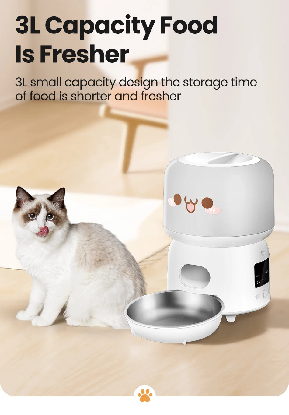 Wi-Fi Automatic Cat Feeder with Stainless Steel Bowl for Dry Food.