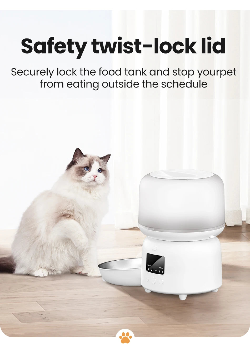 Wi-Fi Automatic Cat Feeder with Stainless Steel Bowl for Dry Food.