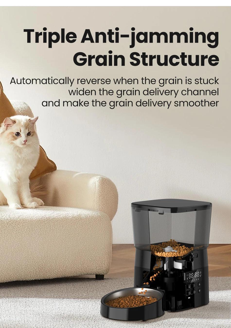 Button-Controlled Smart Automatic Cat Feeder for Kibble for Cats and Dogs.